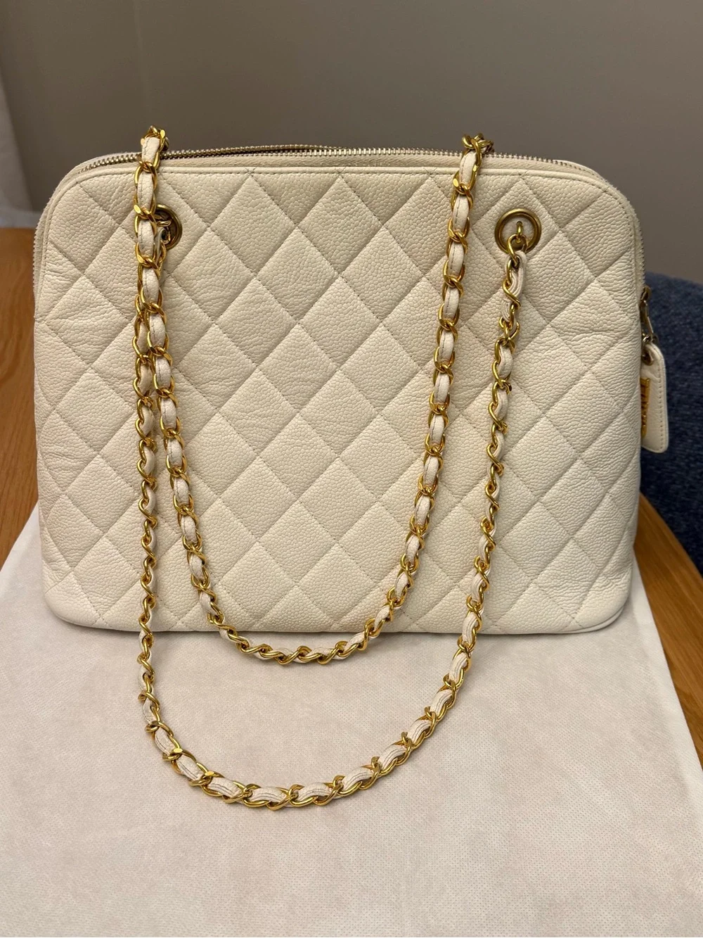 Authentic Vintage White Chanel Caviar Quilted Chain Tote - 24k Plated GHW